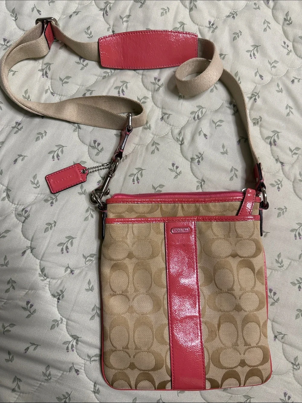 Coach Tan Signature Crossbody with Pink Trim